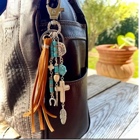 Accessories - Western Style Bag Charm Keychain with Crosses Tassel Beads and Charms